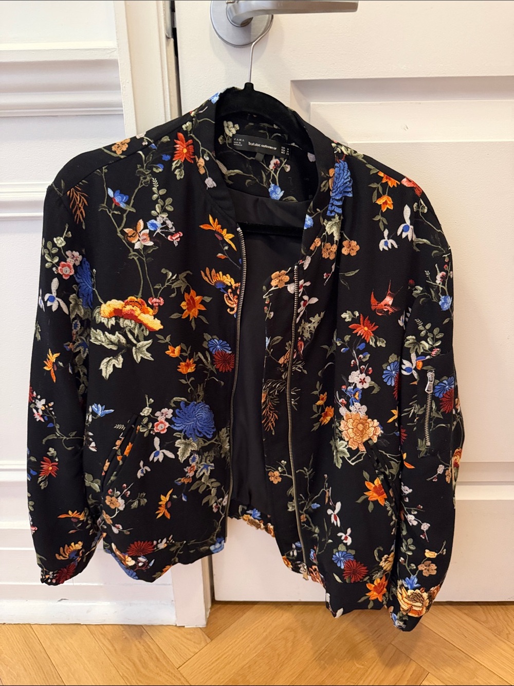 Zara Black Floral Bomber Jacket with Multicolor Blooms
